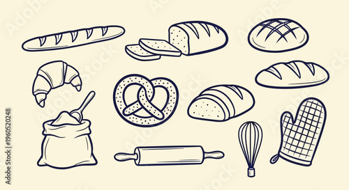 Hand-drawn baking essentials and goods: bread, baguette, croissant, pretzel, flour sack, rolling pin, whisk, oven mitt - sketch style, baked goods