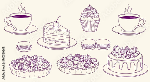 Hand-drawn desserts and drinks: cakes, pies, cupcakes, coffee cups, macarons - sketch style, hot drink