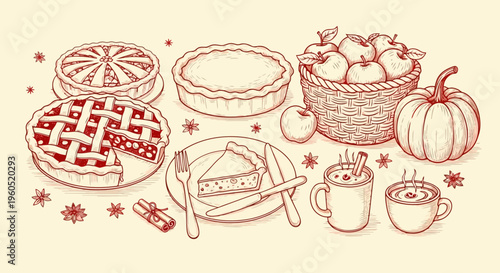 Rustic hand-drawn sketch of autumn harvest pies, apples, and pumpkin, hot chocolate