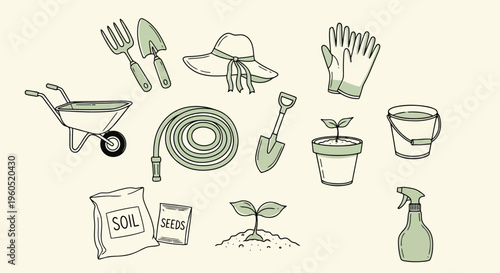 Hand-drawn gardening tools and supplies: wheelbarrow, hose, gloves, seeds - vector illustration, yard work