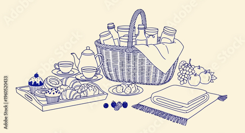 Picnic basket with food and drinks, vintage hand-drawn illustration style, outdoor meal concept, line art