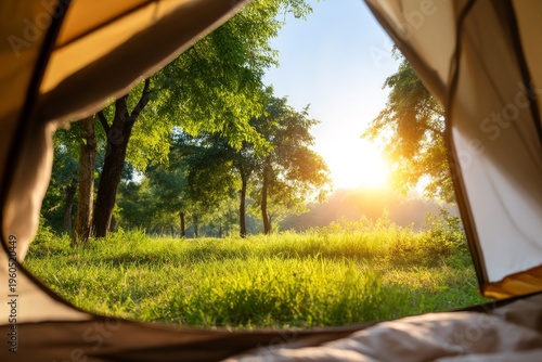 Wallpaper Mural Peaceful Summer Morning from Inside Tent Facing Sunrise Over Green Landscape Torontodigital.ca