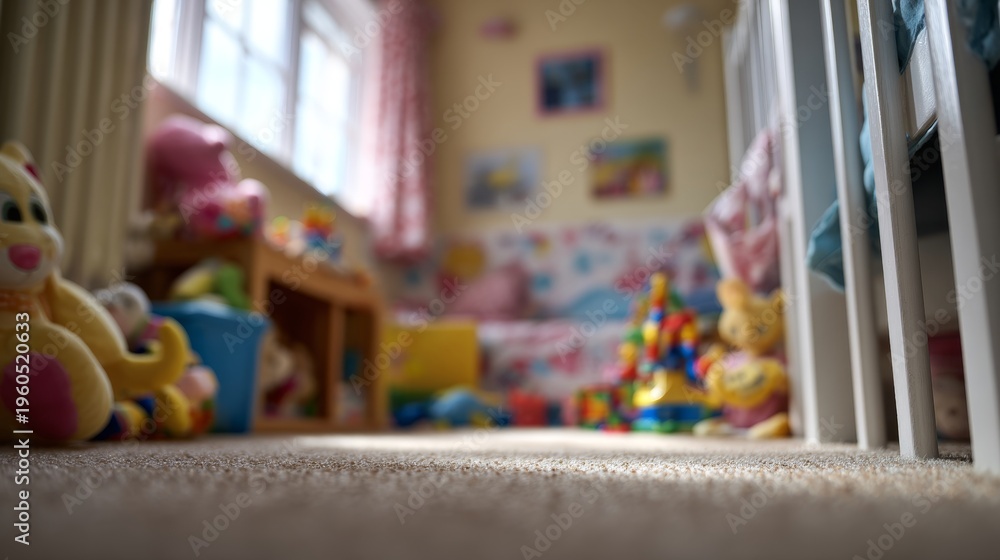 Fototapeta premium Soft carpet leads to a child's colorful, messy playroom. Toys and pillows fill the space with joy and chaos. Sunlight streams through curtains, brightening the room