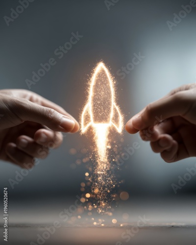 Rocket icon being passed between two hands, collaboration concept