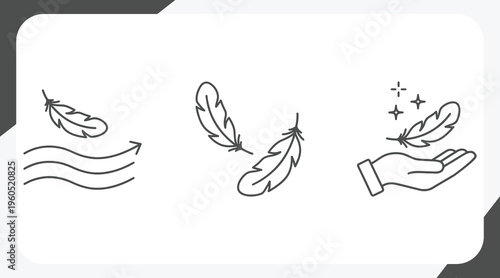 Lightweight icon set, feather on hand palm, light weight concept, soft touch surface, line art vector illustration