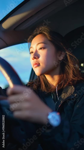 Young woman driving car during golden sunset hour