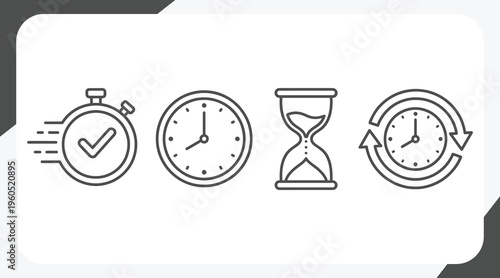 clock icons, icon set of clock, stopwatch, hourglass, time concept, line vector art