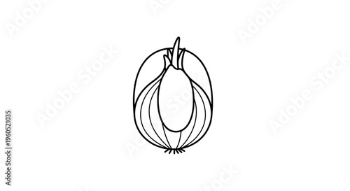 Minimalist black and white line art illustration of a sprouting half onion showing its intricate