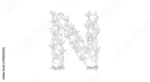 The letter N made from intricate botanical vines, lush leaves, and developing fruits, illustrating