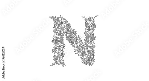 Intricate monochrome floral design forming the elegant uppercase letter N on white background