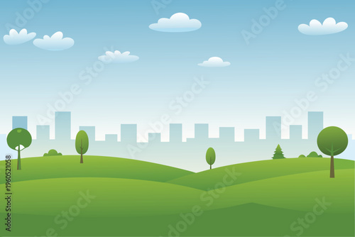 A stylized cityscape lies beyond a rolling green landscape