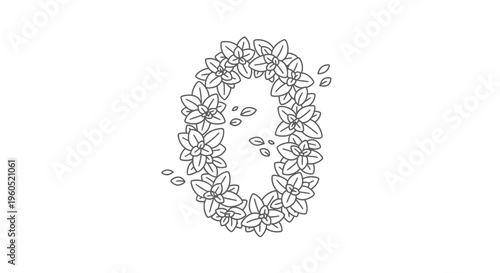 Botanical Number Zero Outline with Delicate Leaf Elements A Naturalistic Numerical Design Graphic