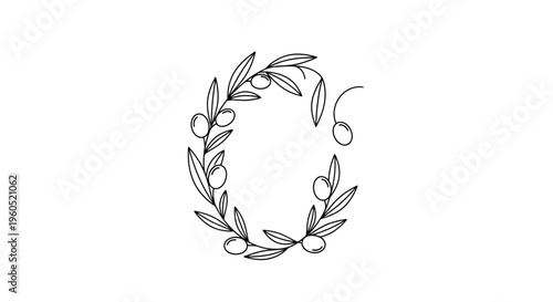 Minimalist Olive Branch Line Art Wreath on White Background Elegant Botanical Decoration for