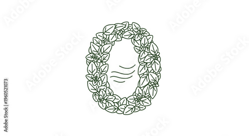 Minimalist numeral zero crafted from lush green foliage and delicate blossoms with internal flow