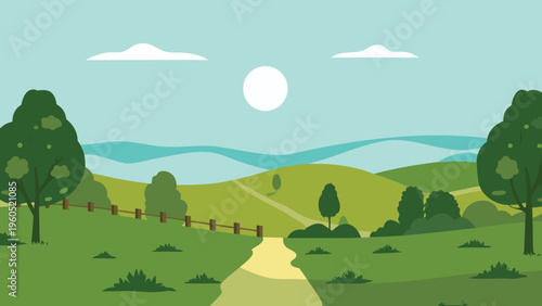 A peaceful landscape with rolling hills and a winding path