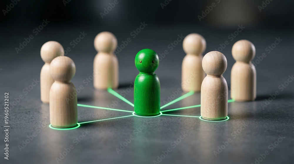 Obraz premium Glowing green figure connecting wooden team network perfect for comprehensive business organization and structural leadership