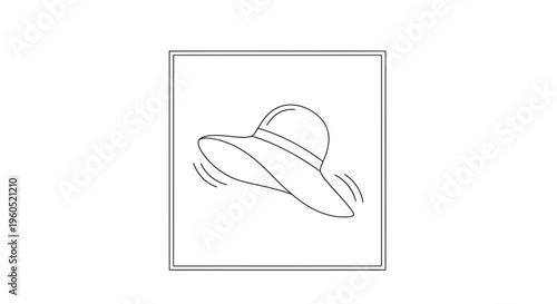 Minimalist line art illustration of a fashionable sun hat gently swaying in a summer breeze
