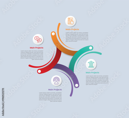 Circle base infographic with glossy gradient style with creative swirl line thick to narrow on circular center with four segment information