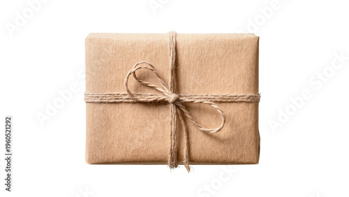 Fotografie Brown kraft gift box with jute twine bow, isolated on transparent background for