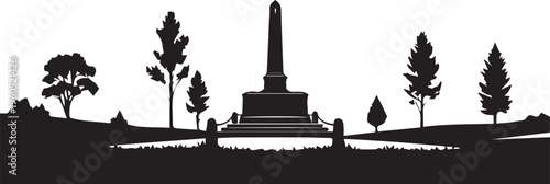 Cemetery monument silhouette with trees and fence vector illustration landscape