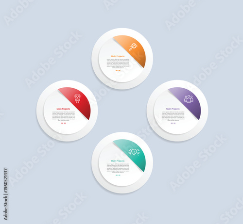 Circle base infographic with glossy gradient style with big circle layer with half slice cut on top edge with four segment information
