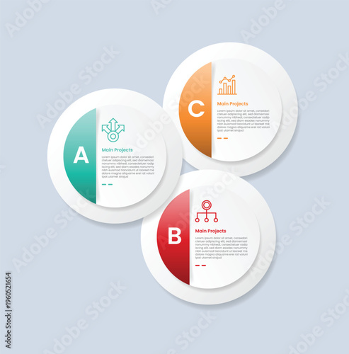 Circle base infographic with glossy gradient style with big circle layer on stacked layer position with three segment information