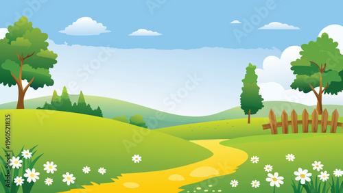 A peaceful cartoon landscape with a winding path and green hills