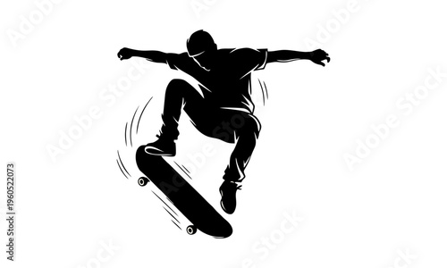 Action silhouette of a skateboarder landing a jump