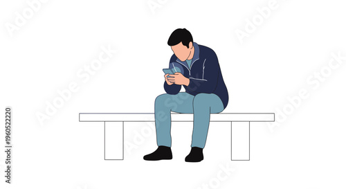 Man Sitting on Bench Using Smartphone, Casual Style, White Background