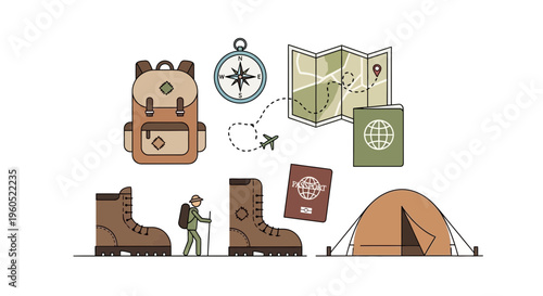 Adventure Travel Gear: Backpack, Boots, Tent, Map, Compass, Passport, Hiker Icon