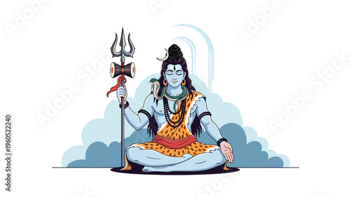 Hindu god lord shiva sits in deep meditation on clouds, holding his trishula trident with a snake around his neck.