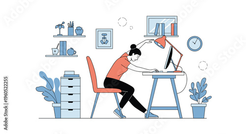 Healthy workplace habits showing a woman doing simple stretching exercises while sitting at her office desk in a study room.