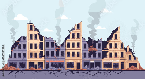 Scene of destroyed and ruined buildings with smoke rising from the rubble after a disaster or conflict in a city.