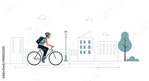 Man riding bicycle in city, urban commute, healthy lifestyle, modern buildings, green tree