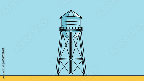 Industrial water tower structure standing on a tall metal framework against a clear blue sky and flat yellow ground.