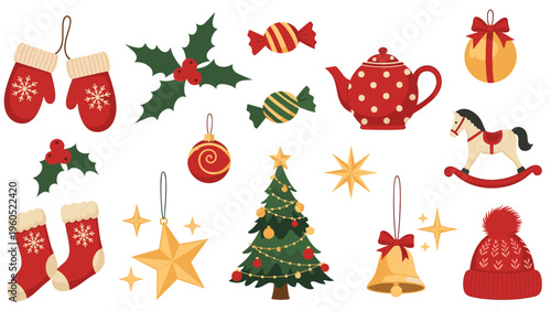 Large assortment of classic Christmas icons including stockings, ornaments, tree, and winter gear on a white background.