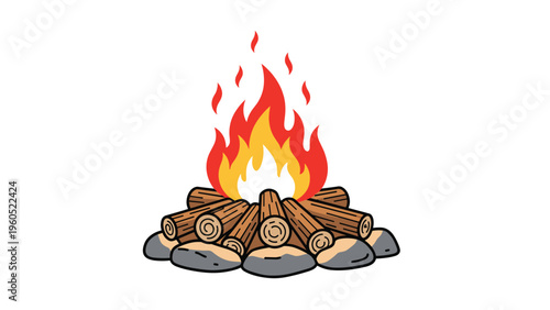 Campfire with burning flames over wooden logs and grey stones, providing warmth and light in a dark outdoor setting.