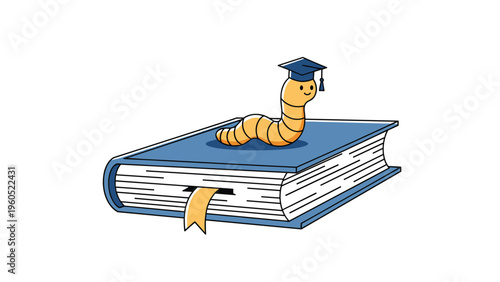 Educational illustration showing a cute worm wearing a graduation mortarboard cap on top of a large blue book on white.