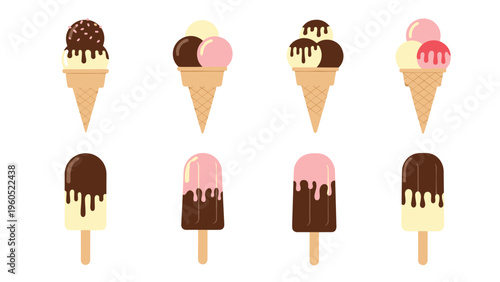 Variety of delicious ice cream treats including multi-flavored cones and chocolate-dipped popsicles on a plain backdrop.