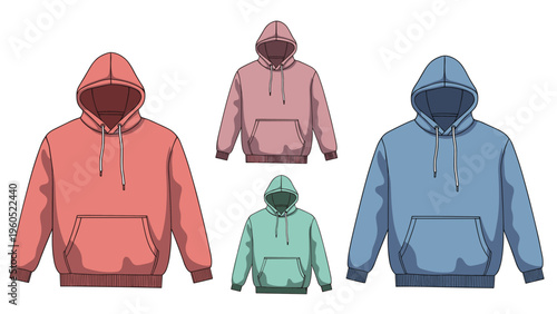 Collection of colorful hooded sweatshirts featuring pink, salmon, teal, and blue shades arranged on a white background.