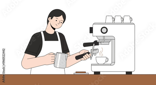 Barista Preparing Coffee Drink with Espresso Machine and Milk Jug