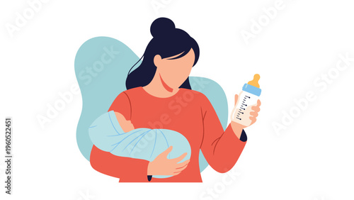 Caring mother holding her newborn infant wrapped in a blue blanket while preparing a bottle of milk for a feeding session.