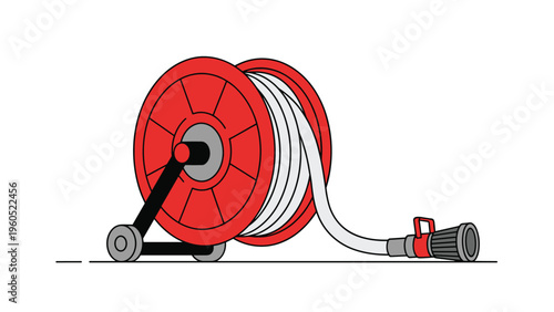 Heavy-duty red fire hose reel with a long white pipe and adjustable nozzle ready for emergency firefighting operations.
