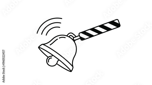 Classic ringing hand bell featuring a black and white diagonal striped handle, producing clear sound waves in the air.