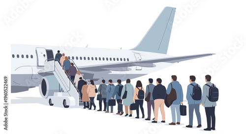 Passengers boarding airplane, queue at jet bridge, travel concept