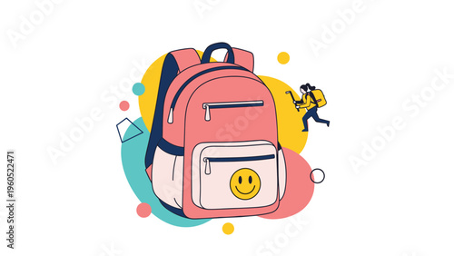 Vibrant pink school backpack adorned with a happy yellow smiley face patch set against a playful geometric background.