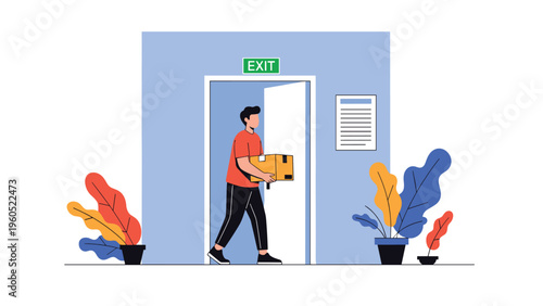 Professional delivery man carrying a brown cardboard parcel through a white exit door inside a modern blue office space.