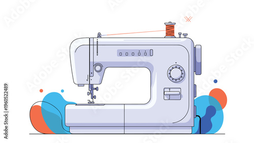 Modern electronic sewing machine designed for textile crafts, featuring adjustable dials and a spool of orange thread.