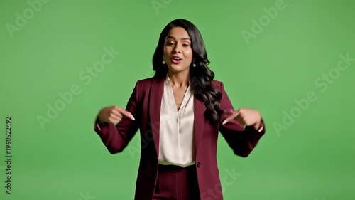Professional woman in a suit points to herself with confidence