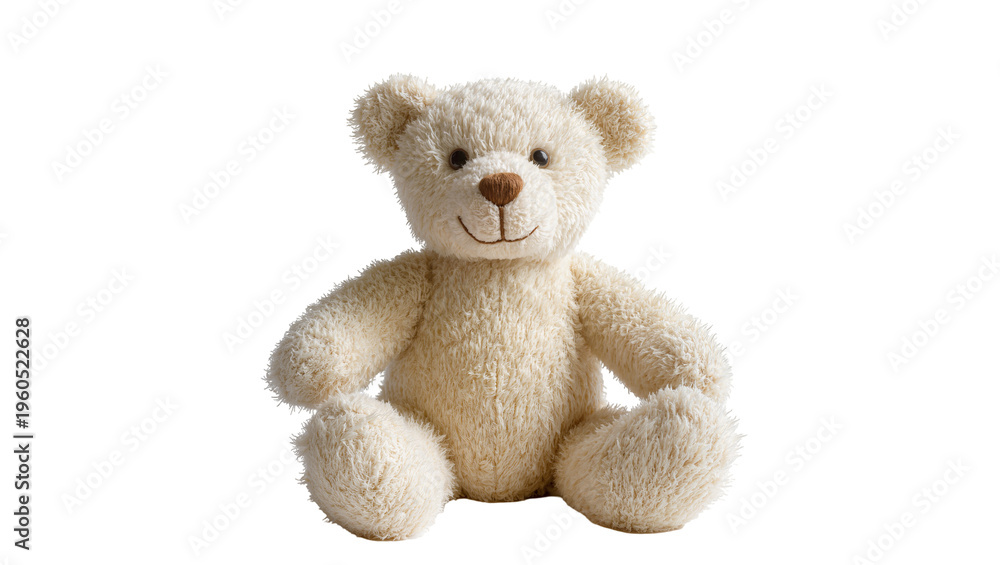 Obraz premium Soft cream teddy bear with friendly face isolated on transparent background, for kids